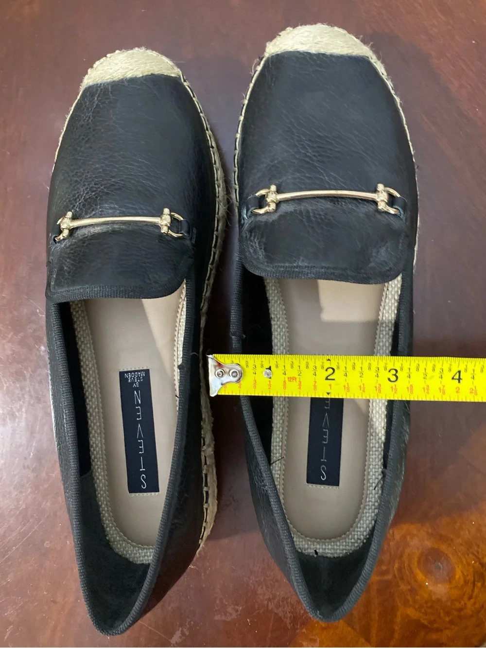 Steve Madden Black Leather Espadrille Loafers with Jute Trim